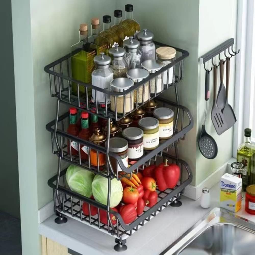 3 Layers Metal Rack Kitchen Cart Trolley Vegetable Fruit Basket for Kitchen Vegetables Pantry Garage with Rolling Wheels - Image 5