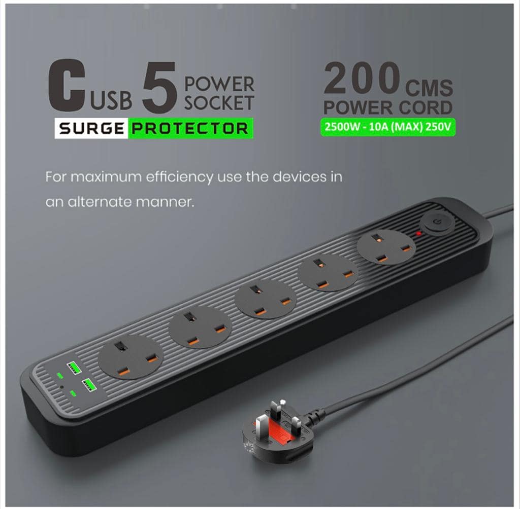 Premium 5 Way Extension Cord with 2 USB and 2 C-type ports - Image 2