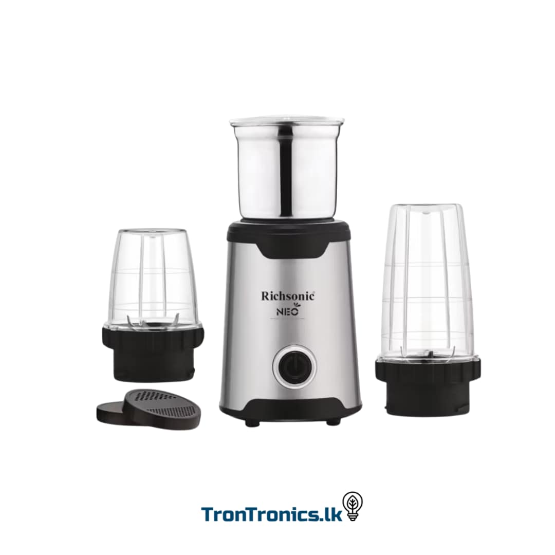 Richsonic NEO Mix & Grind 3-in-1 Mini Grinder 300W – Compact, stainless steel body with detachable polycarbonate bullet jar, small grinder jar, and large blender jar, perfect for grinding spices, making smoothies, chutneys, and pastes, includes easy one-touch operation, ideal for small kitchens and Sri Lankan households, featuring 2-year warranty.