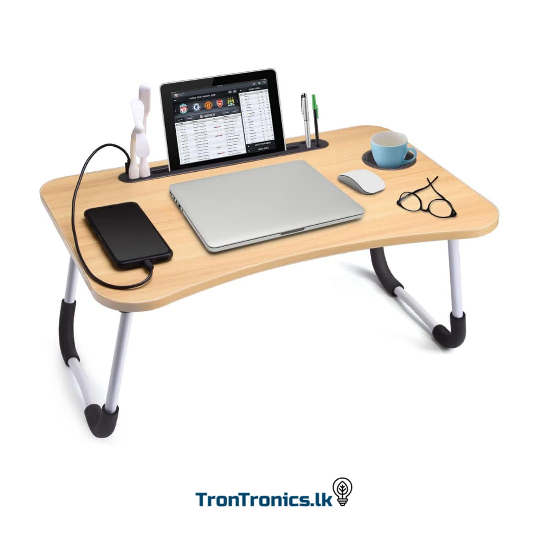 “Portable foldable laptop table with tablet slot and cup holder – available at Trontronics Sri Lanka”