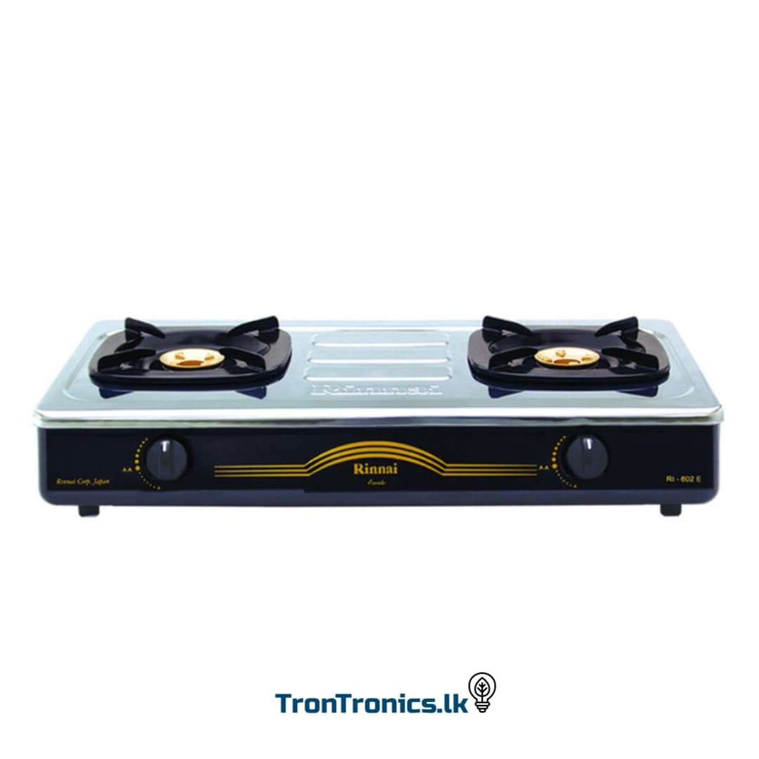 Rinnai RI-602E Two Burner Gas Cooker available at Trontronics Sri Lanka – stainless steel LPG gas stove with dual burners.