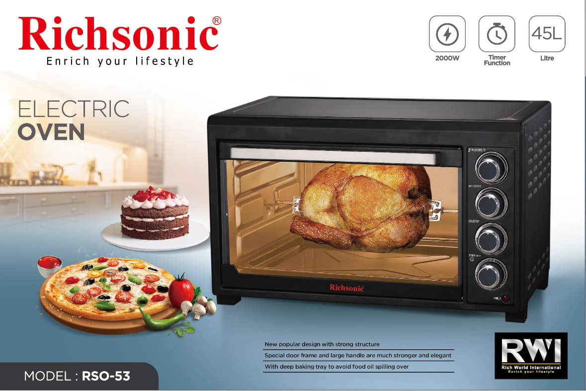 Richsonic 45L Electric Oven with Rotisserie, Grill, Baking Tray & Glass Door – Available at Trontronics.lk