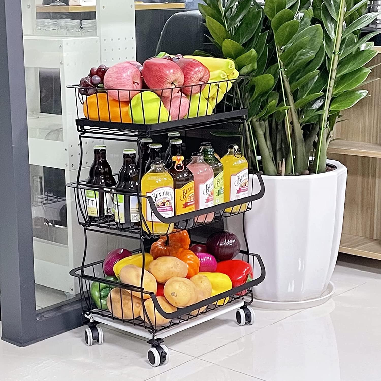 3 Layers Metal Rack Kitchen Cart Trolley Vegetable Fruit Basket for Kitchen Vegetables Pantry Garage with Rolling Wheels - Image 4