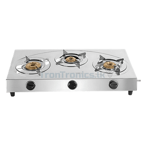 Mitshu 3-Burner LPG Gas Cooker with stainless steel pan support, brass burners, and energy-efficient design – sold by Trontronics.lk in Sri Lanka.