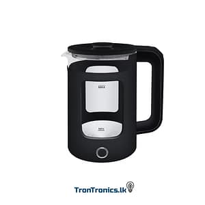 Richpower cordless electric glass kettle in black, with 1.8-liter borosilicate glass body, 1500W concealed heating element, blue LED boiling indicator, anti-scalding outer layer, and wide-mouth spout—ideal for tea, coffee, noodles, and baby formula in Sri Lankan households and offices