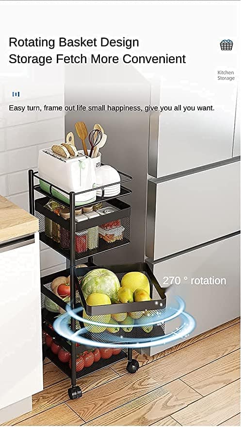 Metal 4 Layer Kitchen Rotating Trolley Organizer Stand for Kitchen - Black (4 Layer, with 5 compartments) - Image 3