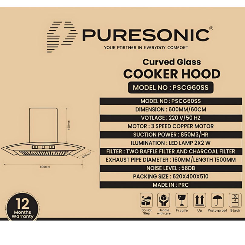 Premium Curved Glass 60cm Cooker Hood with touch and motion Sensor (Black) - Image 8