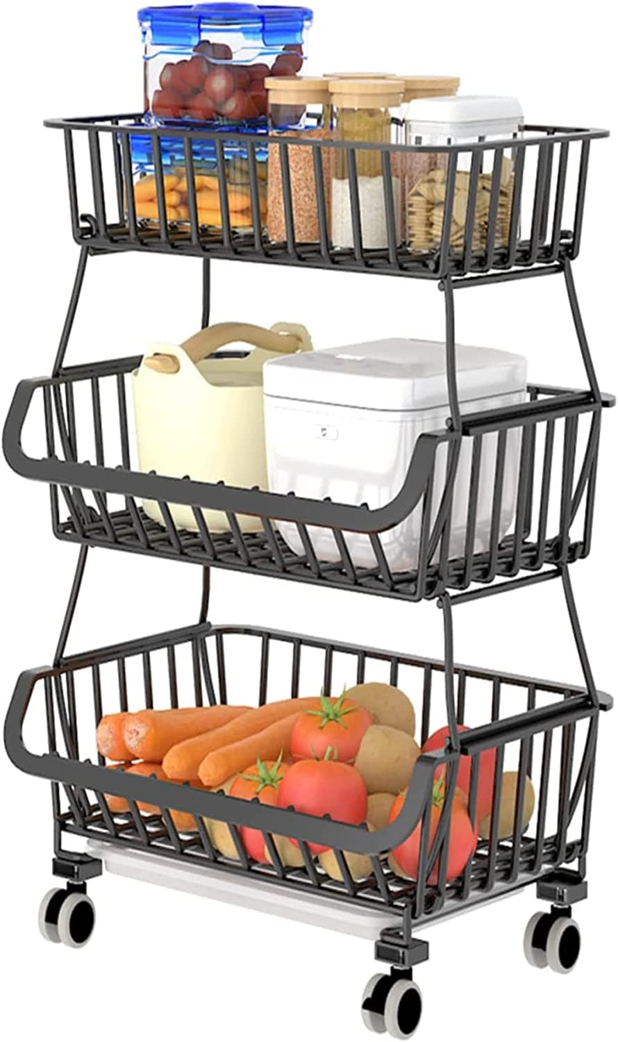 3 Layers Metal Rack Kitchen Cart Trolley Vegetable Fruit Basket for Kitchen Vegetables Pantry Garage with Rolling Wheels - Image 2