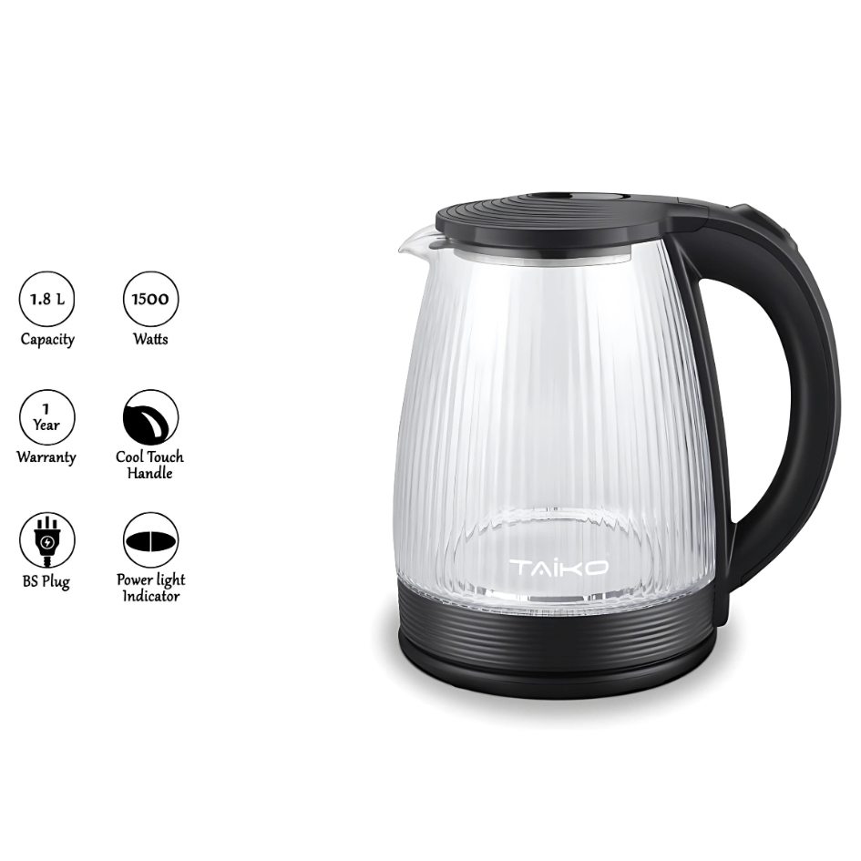 Taiko Electric Glass Kettle 1.8L – CRYSTALPOT 1800 Upgrade your kitchen with the Taiko Electric 1.8L Glass Kettle – CRYSTALPOT 1800, designed for both functionality and elegance. Made with high borosilicate glass, this kettle is durable, stain-resistant, and built to handle high temperatures without compromising on style. Its sleek crystal-clear body adds a touch of sophistication to your countertop while letting you monitor the water as it boils. 🔹 Key Features: 1.8L Capacity – Perfect for boiling enough water for the whole family. High Borosilicate Glass Body – Ensures durability and prevents stains over time. Automatic One-Button Starter – Simple operation for fast boiling. Boil Dry Protection – Automatically turns off when the kettle is empty, ensuring safety and energy efficiency. 360° Rotational Base – Easy to handle and pour from any angle. Stainless Steel Heating Plate – Rapid and even heating every time. One Year Warranty – Enjoy peace of mind with reliable performance guaranteed. Ideal for Sri Lankan households and offices, the Taiko CrystalPot kettle is your go-to appliance for quick and efficient boiling. Whether you're making tea, coffee, or instant noodles, this kettle delivers with speed and style.