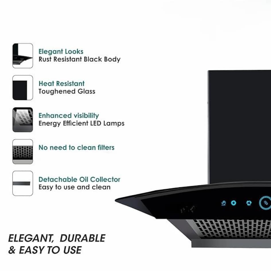 Premium Curved Glass 60cm Cooker Hood with touch and motion Sensor (Black) - Image 3