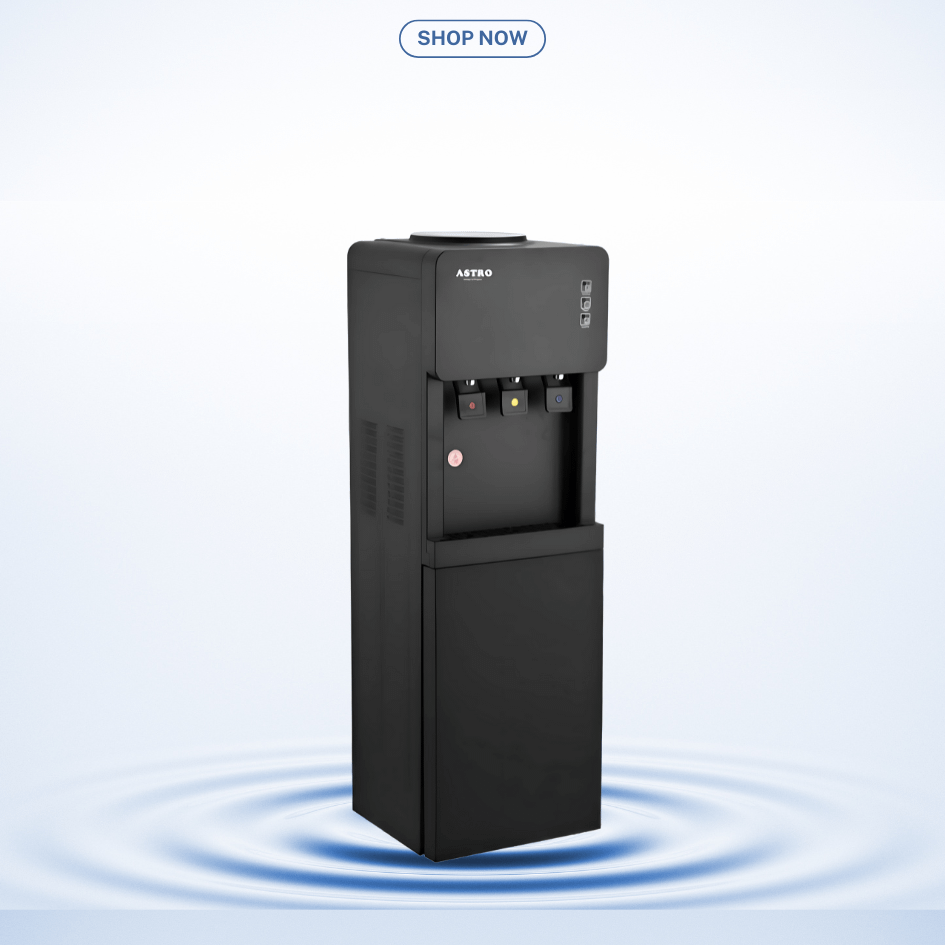Free-Standing 3-Tap Electric Water Dispenser – Hot, Cold & Normal Water, with Bottom Storage Cabinet, Available in Sri Lanka at Trontronics.lk