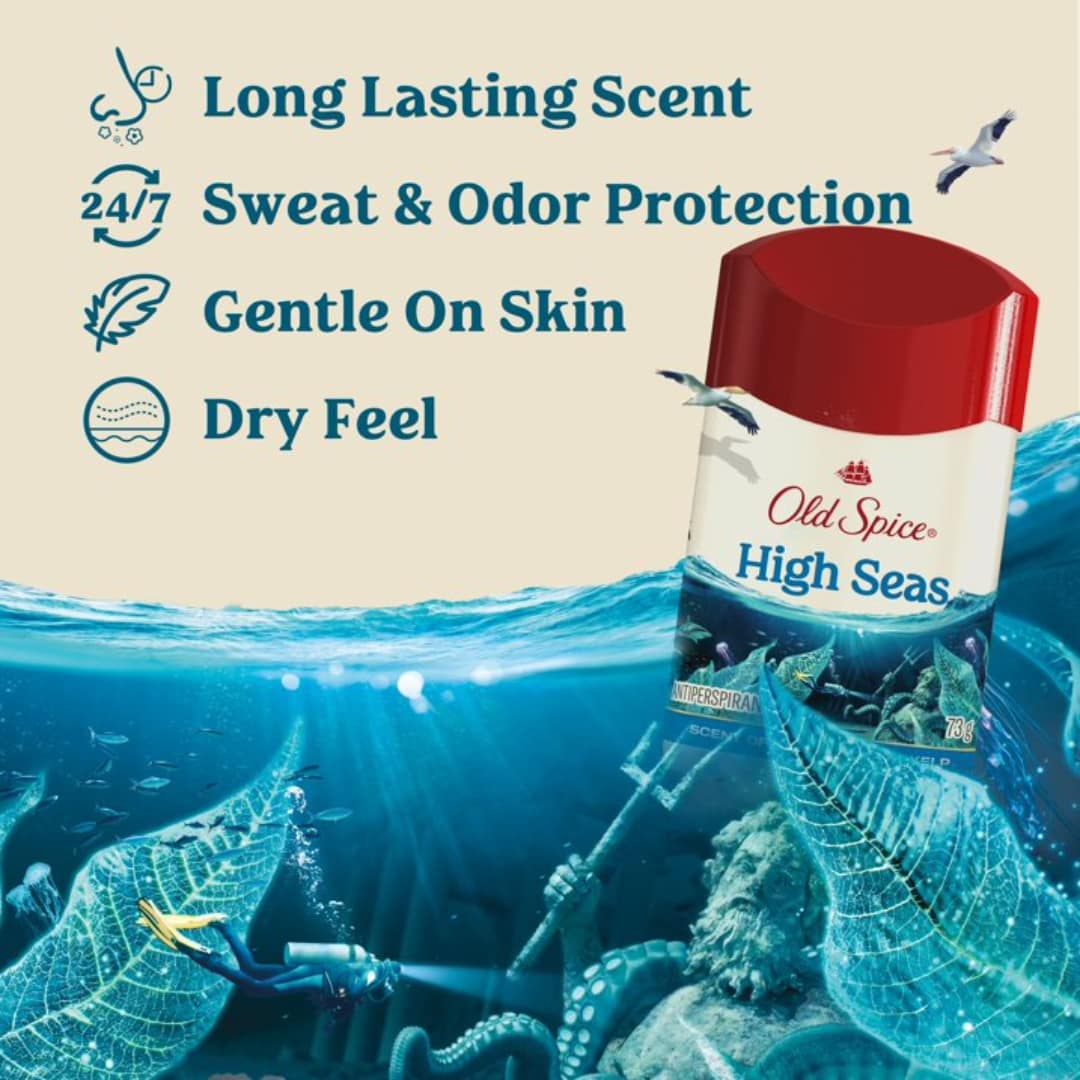Old Spice Antiperspirant & Deodorant for Men, High Seas, Scent of Ocean Waves & Kelp, 24/7 Lasting Freshness 73g