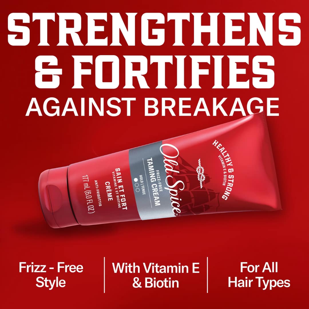 Old Spice Frizz-Free Taming Cream, Healthy & Strong with Vitamin E & Biotin, Low Hold 177ml