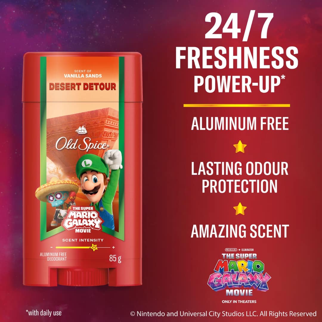 Old Spice Men’s Deodorant Aluminum Free, Desert Detour, Scent of Vanilla Sands, Old Spice x The Super Mario Galaxy Movie, 24/7 Lasting Freshness 85g
