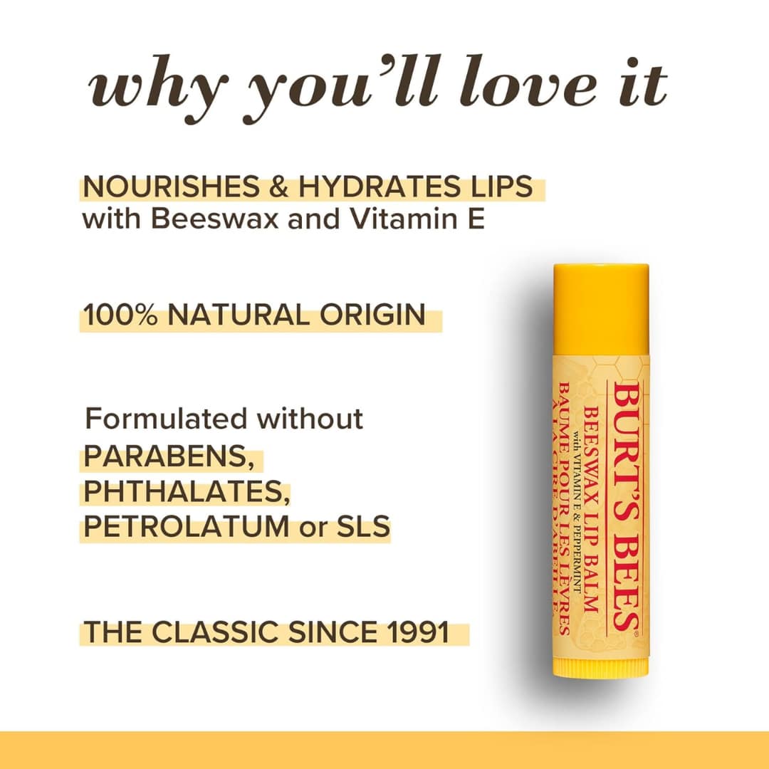 Burt’s Bees 3 Pack! Beeswax Lip Balm With Vitamin E and Peppermint