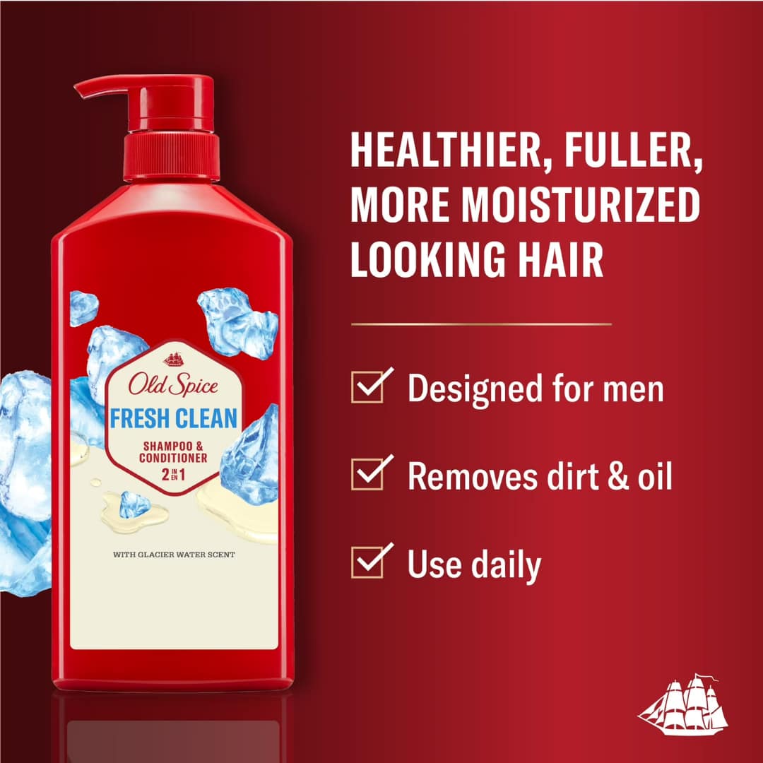 Old Spice Fresh Clean Shampoo and Conditioner 2in1 for Men with Glacier Water Scent, for Thick and Healthy Hair for Men 650ml