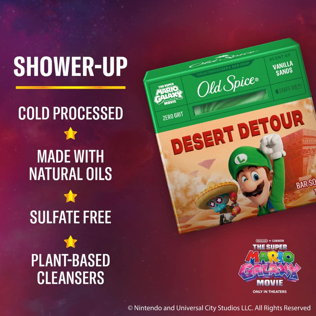 Old Spice Men’s Cold Processed Bar Soap, Desert Detour, Scent of Vanilla Sands, Old Spice x The Super Mario Galaxy Movie, Zero Grit, 141g