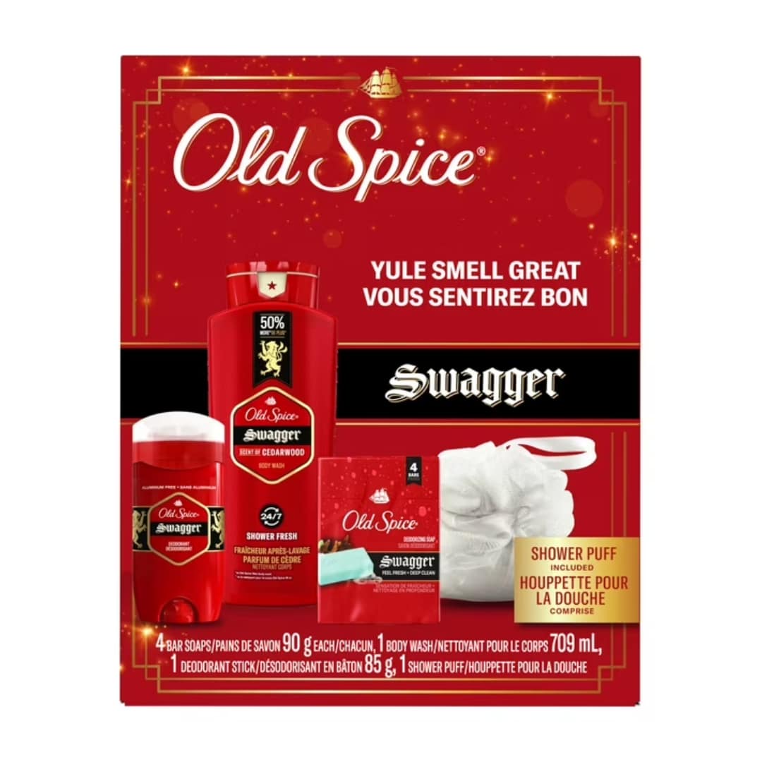 Old Spice Yule Smell Great Gift Set with Swagger 2in1 Shampoo & Conditioner , Red Collection Bodywash , Deodorant, and Shower Puff 85g